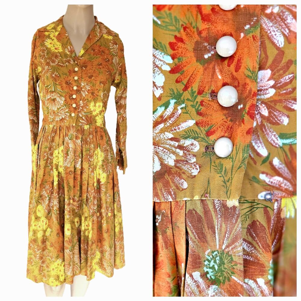 Vtg 50s Pleated Shirt Dress Golden Brown Daisies Flowers Cottage Bloom Retro S